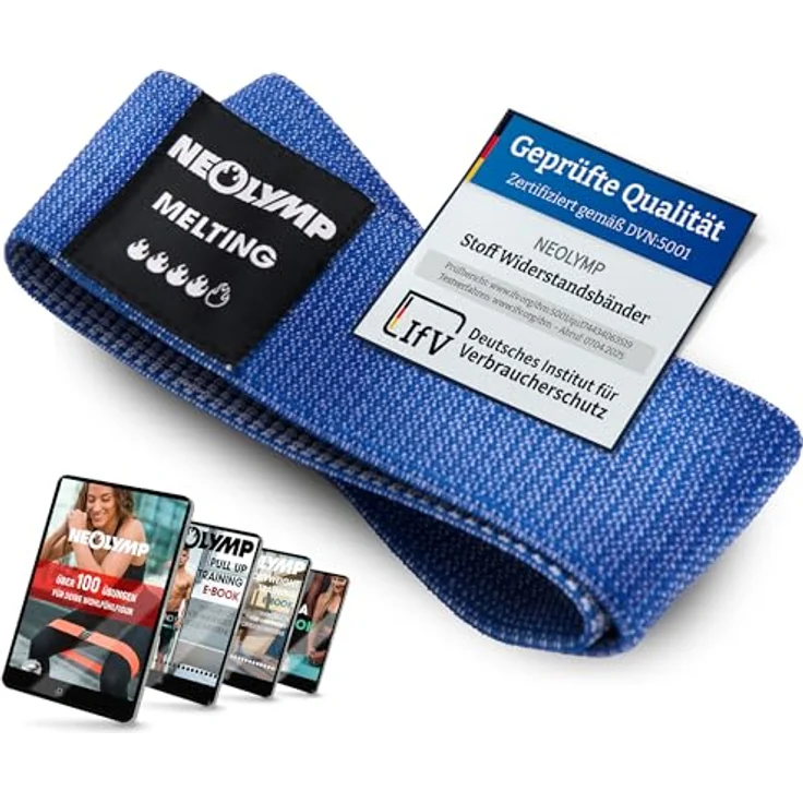 NEOLYMP Kurze Fitnessbänder Stoff, waschbare Resistance Bands mit Fitness Trainingsprogramm E-Book, Widerstand 12-15 kg, blau – Bild 1