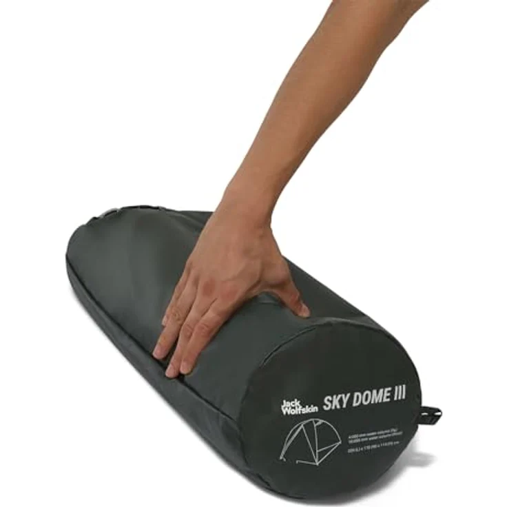 Jack Wolfskin Sky Dome III Kuppelzelt, Island Moss, freistehend, recycelte Materialien, PFC-frei, 2 Eingänge, für 3 Personen – Bild 5