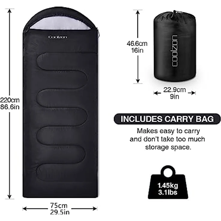 Coolzon Schlafsack Outdoor 3-4 Jahreszeiten, Deckenschlafsack für Erwachsene, ultraleicht, wasserabweisend, klein im Packmaß, schwarz – Bild 2
