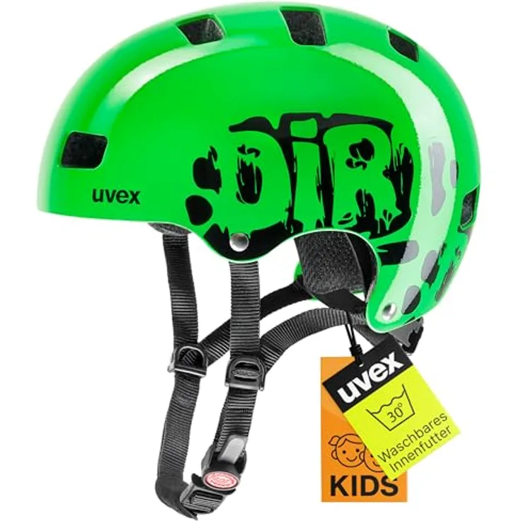 Uvex Kid 3 Fahrradhelm 51-55 cm, Dirtbike Green, robuster Hartschalenhelm mit optimaler Belüftung, IAS-Größenanpassung, FAS-Gurtband und Monomatic-Verschluss für sicheren Sitz