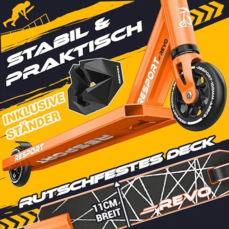 RE:SPORT® Stunt Scooter REVO, Profi Stuntroller für Kinder & Erwachsene mit Ständer, 100mm Polyurethan Wheels, Y-Bar, ABEC 9 Kugellager – Bild 3