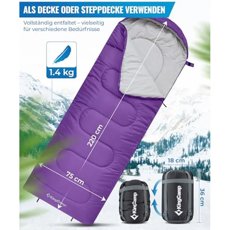 KingCamp Oasis Deckenschlafsack für Erwachsene, wasserabweisend, leichtgewicht, 3 Jahreszeiten, Violett, 220 × 75 cm – Bild 2