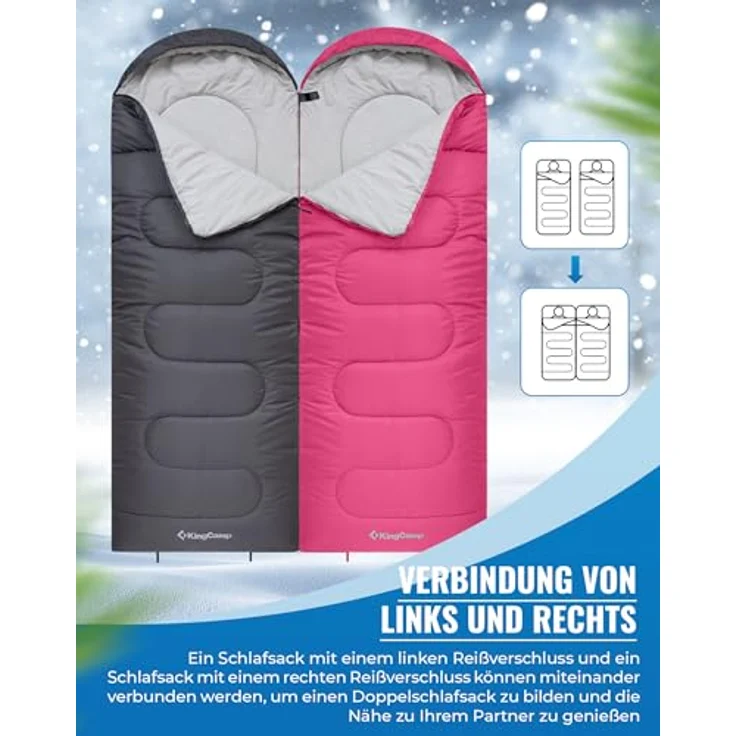 KingCamp Oasis Serie Deckenschlafsäcke mit Kopfteil, 220 × 75 cm, 3 Jahreszeiten, Komfortbereich 12°C bis -3°C, wasserabweisend, inkl. Packsack – Bild 5