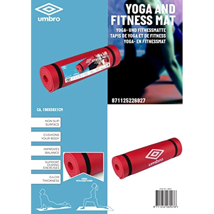 Umbro Yoga Matte, 190 x 58 x 1 CM, extra weich und rutschfest, mit Transportriemen, rot – Bild 4