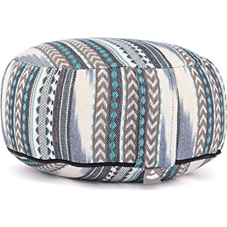 Bodhi Meditationskissen Rondo | Ethno Collection | Sitzkissen mit Tragegriff und abnehmbarem Bezug aus Baumwolle | Rundes Yogakissen mit Dinkelfüllung | Ikat-Webstoff (schwarz-weiß-blau) – Bild 1