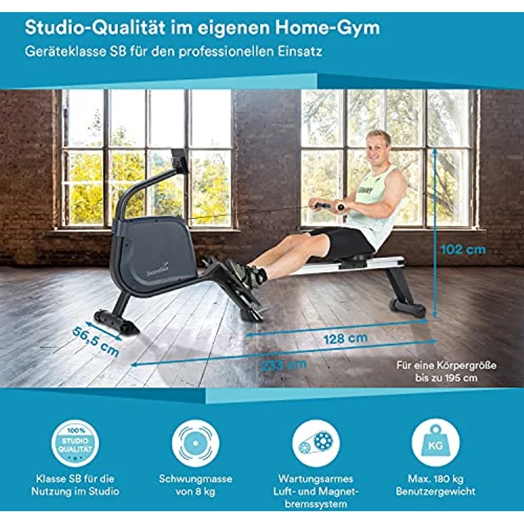 Skandika Rudergerät Njord | Ruderergometer mit 16 Stufen, klappbar, Studioqualität, 8 kg Schwungmassensystem, max. 180 kg, Lange Laufschiene, Kinomap, Bluetooth, | Fitnessgerät für Zuhause – Bild 2