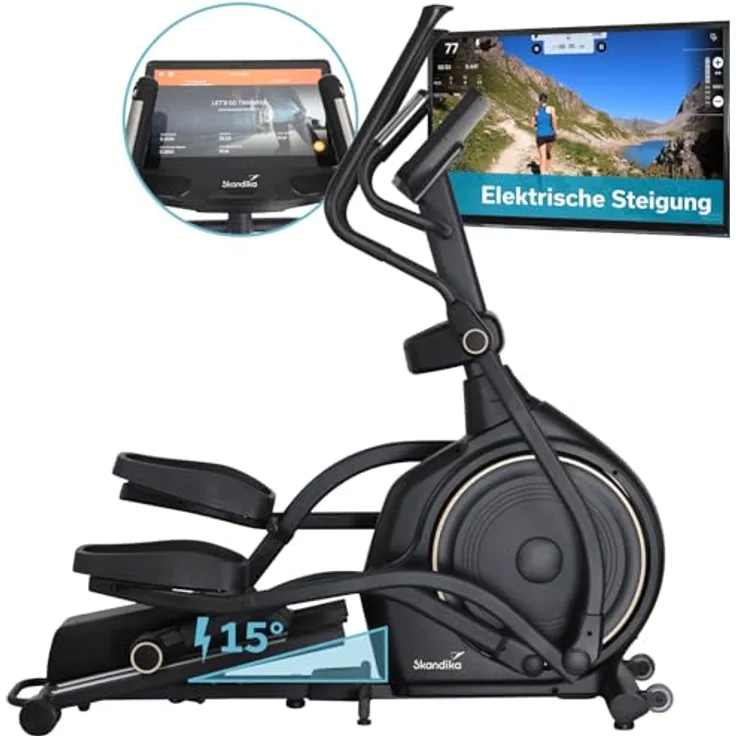 Skandika Crosstrainer Carbon P30-S, Ellipsentrainer mit Touchscreen, Steigung bis 15°, 32 Widerstandsstufen, bis 150 kg, App-kompatibel, mattschwarz