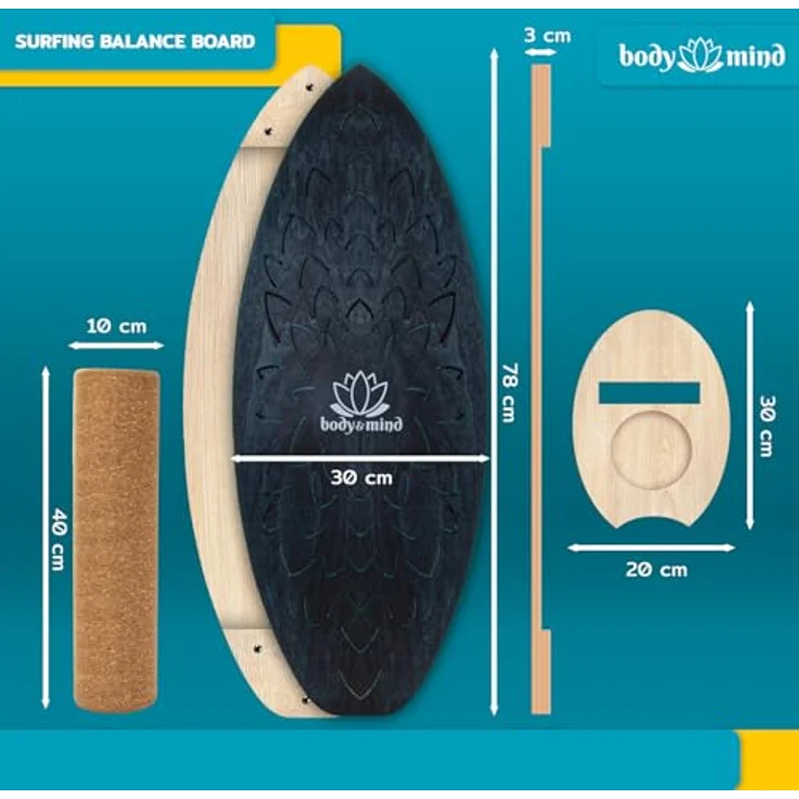 Body & Mind Balanceboard Wackelbrett für Physiotherapie und Surf-Training, Holz 78x30 cm mit Korkrolle, inkl. gratis E-Book – Bild 5