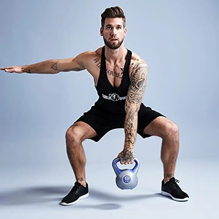 GORILLA SPORTS® Kettlebell - 2kg, 3kg, 4kg, 5kg, 6kg, 8kg, 10kg, 12kg, 14kg, 16kg, 18kg, 20kg Gewichte, Einzeln/Set, mit/ohne Ablage, Kunststoff - Kugelhantel, Schwunghantel, Kugelgewicht – Bild 3