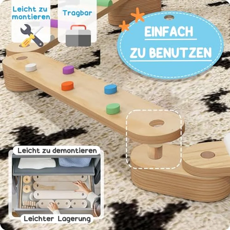 AIYAPLAY Balanceboard Holz Schwebebalken, Mehrfarbig mit Bunte Hindernissteine, für Koordination und Stabilität, geeignet für 3-8 Jahre Kinder – Bild 4