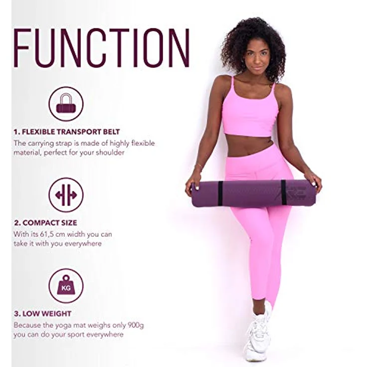 RE:SPORT Yogamatte Phthalatfrei - Gymnastikmatte rutschfest, Fitnessmatte schadstofffrei, Trainingsmatte mit Tragegurt 183 x 61 x 0,6 cm – Bild 4