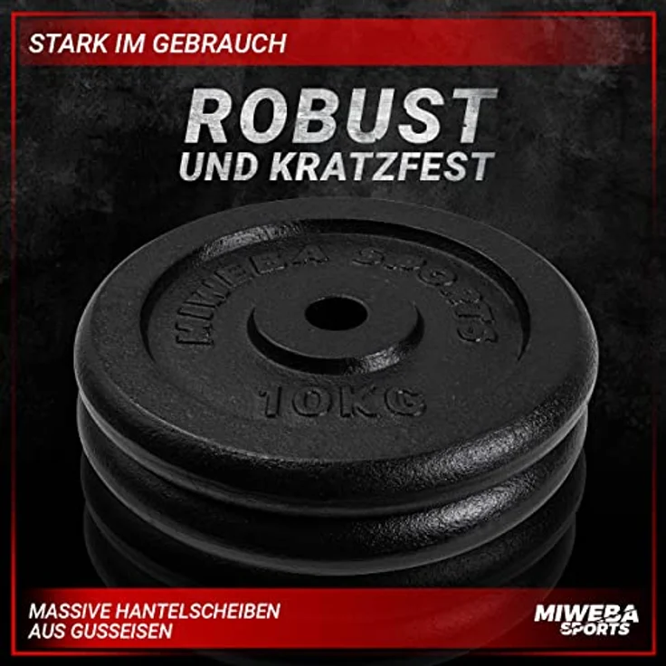 Miweba Sports Hantelscheiben Set HSG | 𝐏𝐫𝐨𝐟𝐢 Hanteln - Hantelscheibe - Hantel Scheiben - Gusseisen Gewichte - Ø 30/31 mm - Hantelset - Gewichtsscheiben - Hantelgewicht - Plates (2x 10.0 Kg) - Preisvergleich – Bild 4