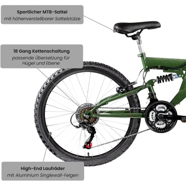 Galano FS180 Jugendfahrrad 24 Zoll Mountainbike 130 - 145 cm 21 Gänge Mädchen Jungen Fahrrad ab 8 Jahre MTB Fully Jugendrad V-Brakes 37 cm, khaki – Bild 5