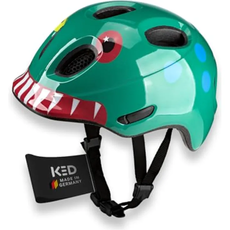 KED Meggy Spark Kinderfahrradhelm, Inmold, 360° Verstellsystem, Reflektoren, Insektenschutznetz, Monster Mood Green, Größe 45-50 (S)