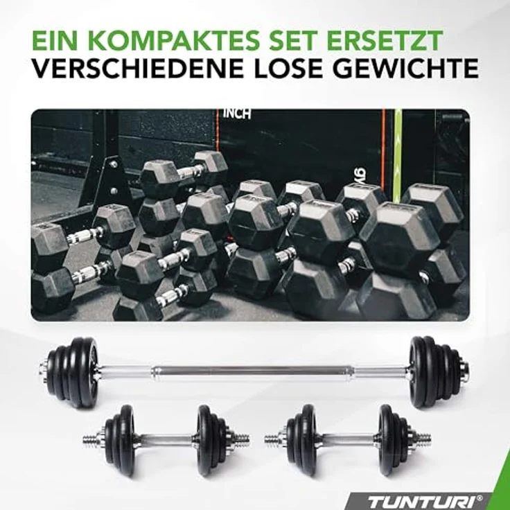 Tunturi Langhantel und Kurzhanteln in 1 - Gusseisen - Set 20 kg - Verstellbare Hantel Set - rutschfester Griff, schwarz – Bild 5