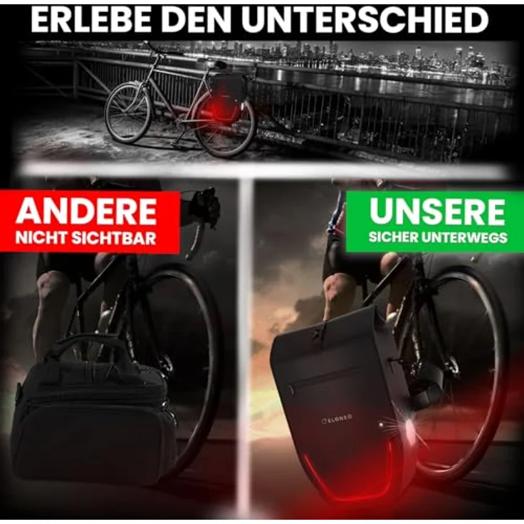 Eloneo Velotasche, Gepäckträgertasche mit 28 l Volumen, wasserdicht, integrierter LED-Streifen und Reflektoren für erhöhte Sichtbarkeit – Bild 6