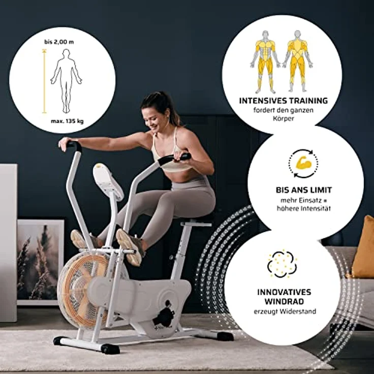 SportPlus Profi Air Bike mit Luftwiderstand, Heimtrainer für Zuhause, App kompatibel, Heimtrainer für HIIT, Smarter Trainingscomputer, bis 135 kg belastbar, weiß – Bild 3
