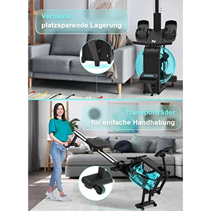 Neezee Rudergerät für zuhause, Rudergerät Wasser mit Edelstahlschiene, Rudergerät mit Tabletständer, Wasserwiderstand und LCD Display Rudermaschine – Bild 5