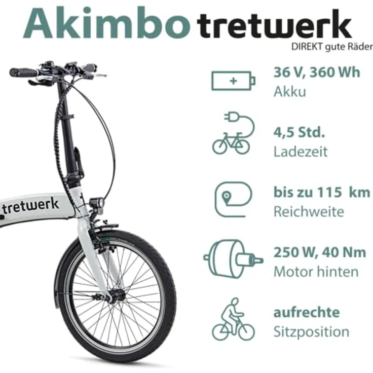tretwerk 20 Zoll E-Bike Klapprad - Akimbo - klappbares Elektrofahrrad mit Heckmotor 50Nm, 8 Gang Kettenschaltung - weiß – Bild 3