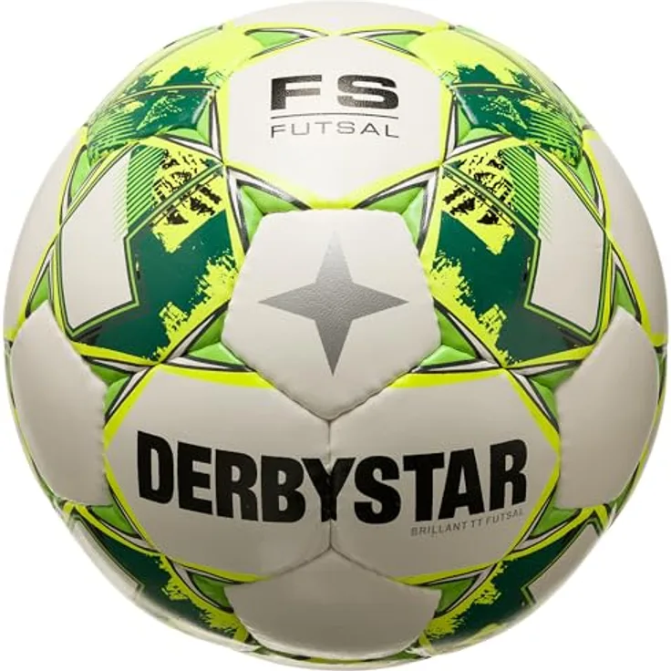 Derbystar Futsalball Brillant TT, Spielball für Unisex mit feinnarbiger Oberfläche und Butyl-Blase, Weiß-Gelb-Grün