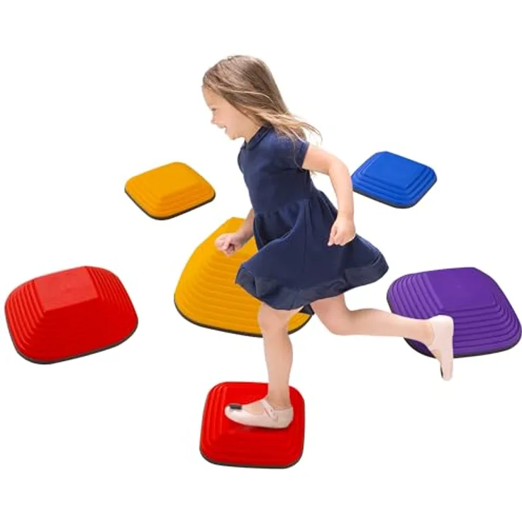 AIYAPLAY Flusssteine, 6-tlg. Balanciersteine quadratisch, stapelbar & rutschfest, bis 80 kg belastbar, bunt, für Kinder von 3-8 Jahren