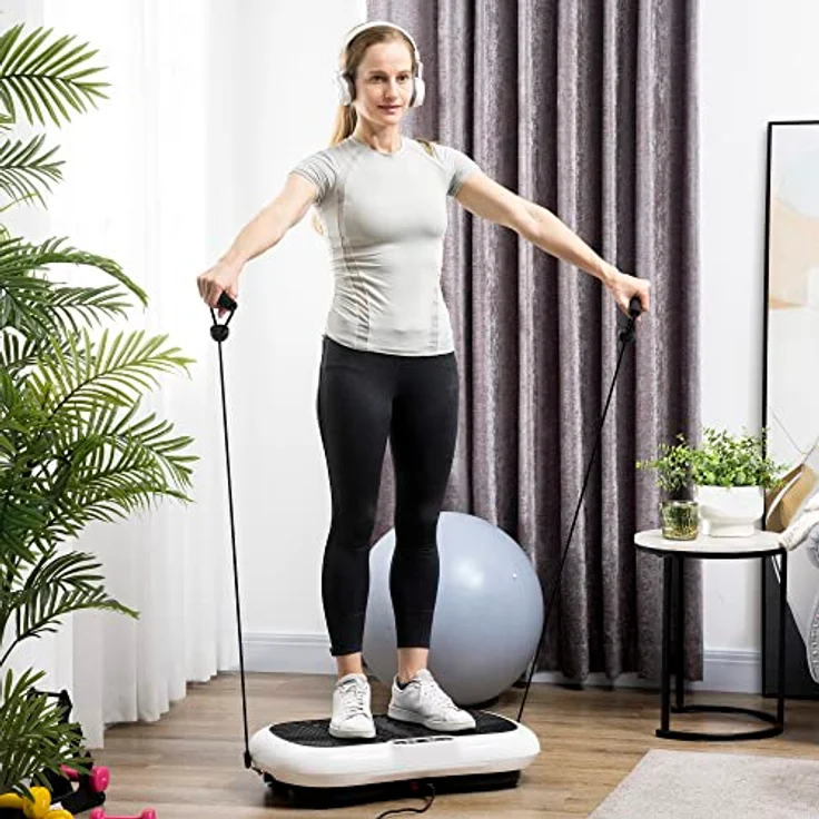HOMCOM Vibrationsplatte mit 2 Fitnessbändern 99 Vibrationsstufen 120 kg Belastbarkeit Rüttelplatte Fitnessgeräte für Ganzkörpertraining zu Hause mit LCD-Anzeige 200W 73 x 40 x 13cm Weiß+Schwarz – Bild 2
