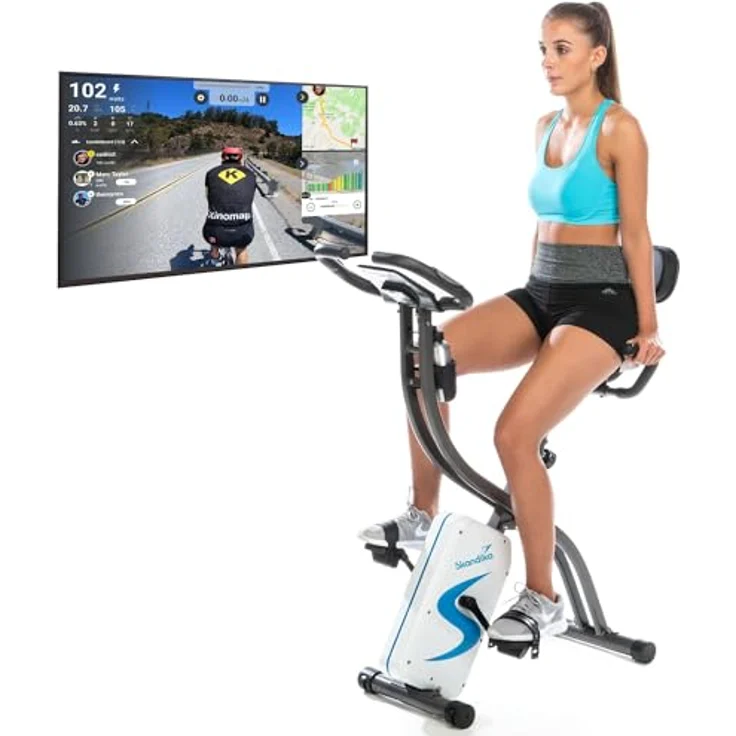Skandika Foldaway X-2000 Fitnessbike zusammenklappbar mit Bluetooth, Tablet Halterung, Rückenlehne, Multifunktionscomputer, Handpulssensoren und 16-stufiger, computergesteuerter Widerstand – Bild 1