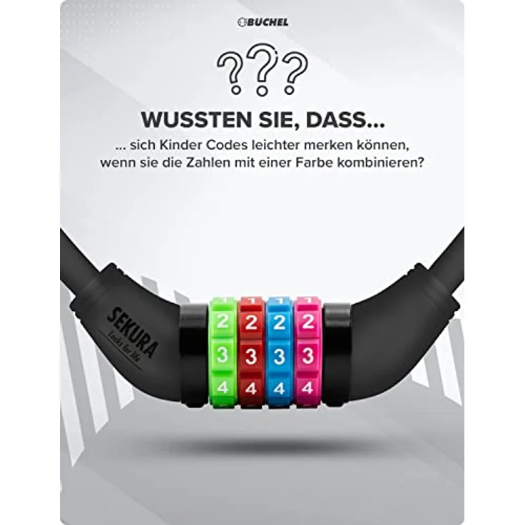 Büchel Sekura 60501209 Unisex-Kinder Zahlenschloss, 4-stellig programmierbar, 120 cm, schwarz mit farbigem Deckel, inkl. Halterung – Bild 3