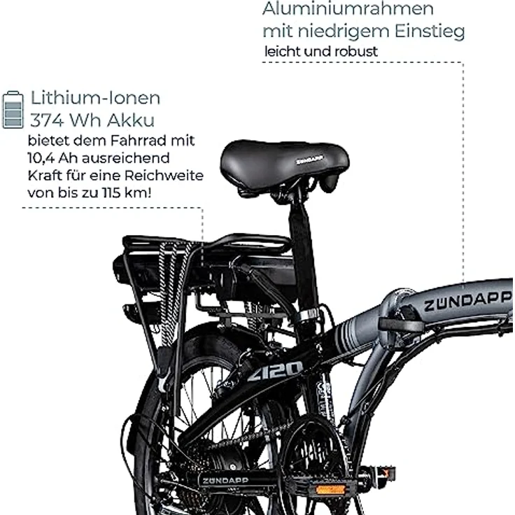 ZÜNDAPP Z120 20 Zoll E Bike Faltrad Damen Herren Elektrofahrrad klappbar Fahrrad Elektro Klapprad Ebike Pedelec E-Bike Erwachsene Klappfahrrad (schwarz/grau, 28 cm) - Kompaktes Design, kraftvoller Antrieb bis 25 km/h, 115 km Reichweite – Bild 5
