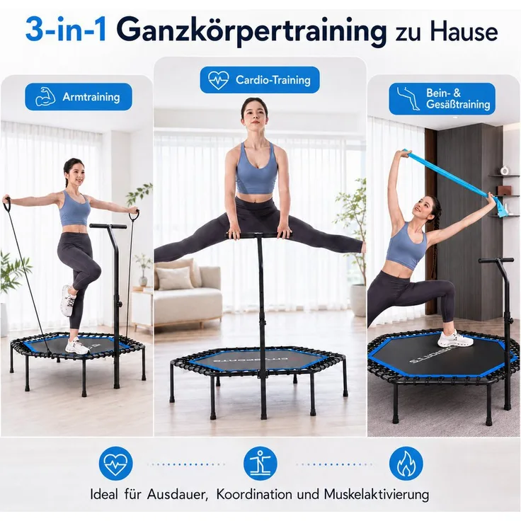 CITYSPORTS Fitnesstrampolin Mini-Trampolin, 6-eckig mit 3-fach höhenverstellbarem Haltegriff, Ø130 cm, bis 100 kg, schwarze Elastikbänder, blaue Randabdeckung, nicht klappbar