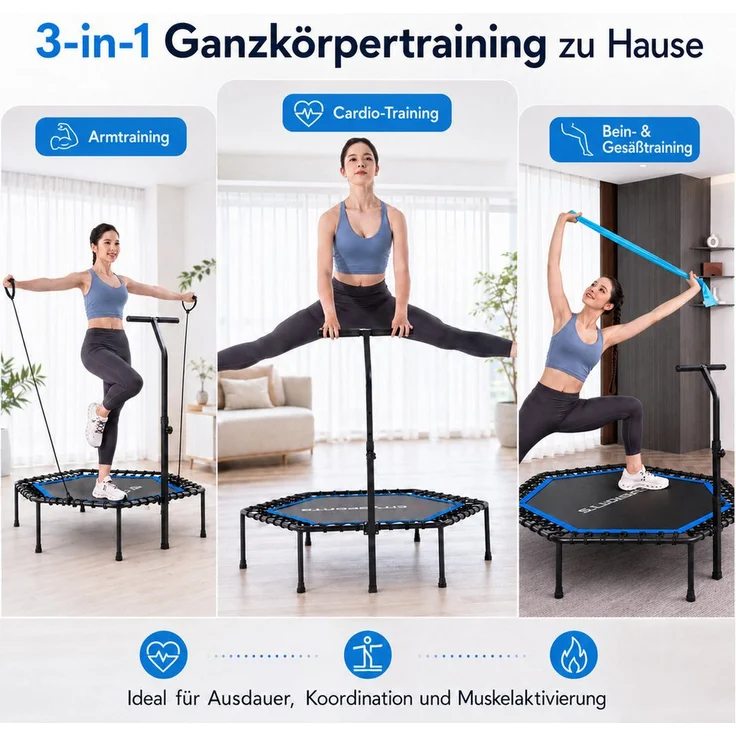 CITYSPORTS Fitnesstrampolin Mini-Trampolin, 6-eckig mit 3-fach höhenverstellbarem Haltegriff, Ø130 cm, bis 100 kg, schwarze Elastikbänder, blaue Randabdeckung, nicht klappbar