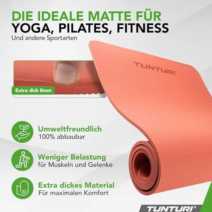 Tunturi Dicke Yogamatte 8mm - Rutschfest Gymnastikmatte  - Mit Tragegurt - Für Yoga und Pilates -  Sportmatte 183x61x0,8cm -Schadstofffrij - Besonders komfortabel - Roségold – Bild 2