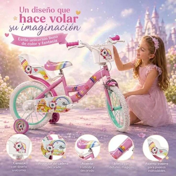 Toimsa Bikes Kinderfahrrad 16 Zoll Mädchenfahrrad mit Einhorn-Design, 1 Gang, Puppensitz, Korb und Stützräder – Bild 2