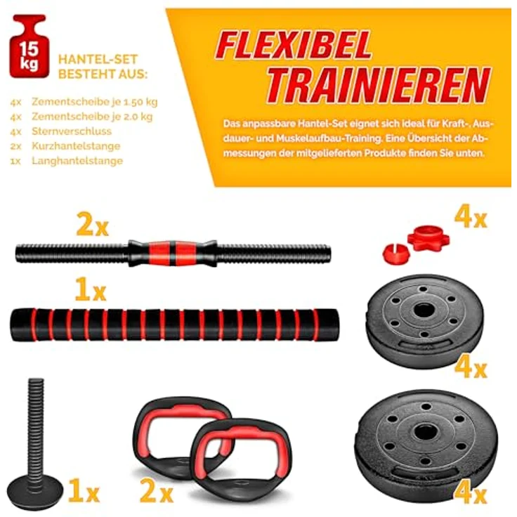 RE:SPORT 2 in 1 Hanteln Set mit Kettlebell, verstellbar auf 15kg, Kurzhantel & Langhantel, inklusive Sicherheitsverschlüsse und Verbindungsrohr – Bild 5