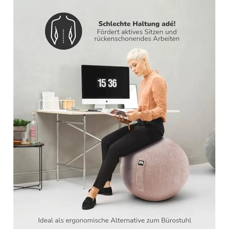 mokebo Stoff Sitzball Büro ergonomisch 'Der Sportliche', 65cm Breite, mit Pumpe, kuscheliger Cordbezug, grau – Bild 2
