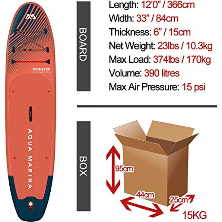 Aqua Marina MONSTER 12'0" iSUP Board Set aufblasbar Stand Up Paddle Surfboard 366cm, Stabilität und Vielseitigkeit, blau – Bild 5
