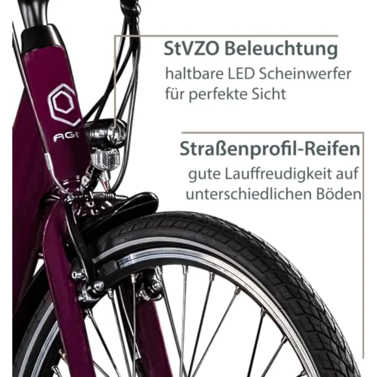 Agon Axis E Bike Citybike 26 Zoll Elektrofahrrad 250W Motor bis 115 km 3 Gang 10,4 Ah Lithium Ionen Akku Gepäckträger Damen und Herren 140-165 cm (Purple Violet, 46 cm) – Bild 4