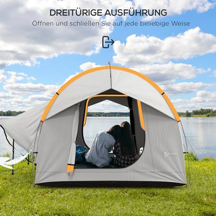 Outsunny Heckzelt Auto Autozelt für 6 Personen, Kuppelzelt mit 3 Tür, Fenster, Heckklappenzelt für Wohnwagen, SUV, Polyester, Hellgrau – Bild 4