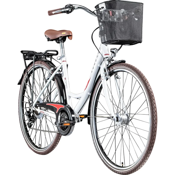 Zündapp Z700 Damenfahrrad 28 Zoll 6-Gang Cityrad, weiß rot, mit Korb und Beleuchtung