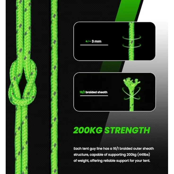 Abma Cord Abspannseile, 30m Zeltschnur mit 6 Seilspannern, 3mm Durchmesser, reflektierende Neon Grün, 200 kg Bruchlast, ideal für Camping und Outdoor-Aktivitäten – Bild 2