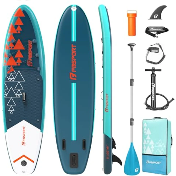 FBSPORT Aufblasbares SUP Board, Stand Up Paddling Board 15CM Dick, mit verstellbarem Aluminium Paddel und Pumpe, dunkelgrün – Bild 1