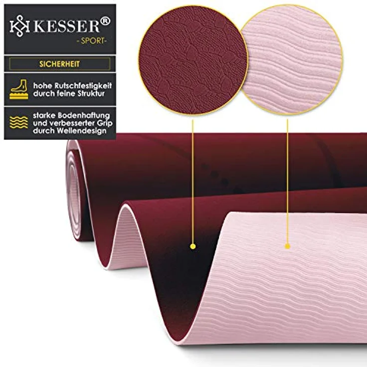 KESSER® Gymnastikmatte mit Tragegurt rutschfest TPE Yogamatte Gepolstert & rutschfest Fitnessmatte, 183 x 61 Trainingsmatte für Fitness Sportmatte, Pilates & Gymnastik Workout extradick (Bordeaux) – Bild 4