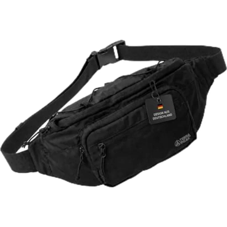 Terra Peak® Bauchtasche 1,5L mit Geo-Tag-Fach - Hüfttasche schwarz für Damen und Herren, gepolstert, 5 Fächer, wasserabweisend, ideal für Sport, Wandern und Reisen – Bild 1