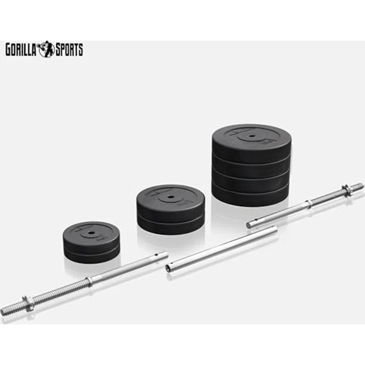 GYRONETICS® Hantelset 60kg - Langhantelstange, 2x2kg, 2x5kg, 4x10kg, Gusseisen/Kunststoff Hantelscheiben, 25mm, mit 2 Sternverschlüssen, Griff Gerändelt, Chrom - Langhantel Set, Hanteln, Gewichte – Bild 2