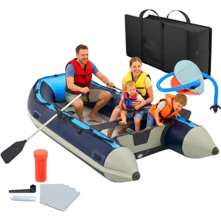 relaxdays Schlauchboot 3,20 M für 4 Personen, robustes PVC, mit Aluminiumboden und stabilen Luftkammern, blau/weiß – Bild 1