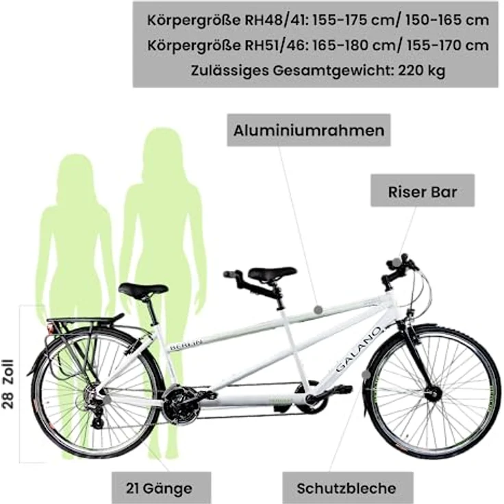 Galano Tandem Fahrrad 700c Berlin 28 Zoll Trekkingrad 21 Gang Touring (weiß, 51/46 cm) - Elegant, ideal für Urban Biking, mit StVZO Beleuchtung und Gepäckträger – Bild 2