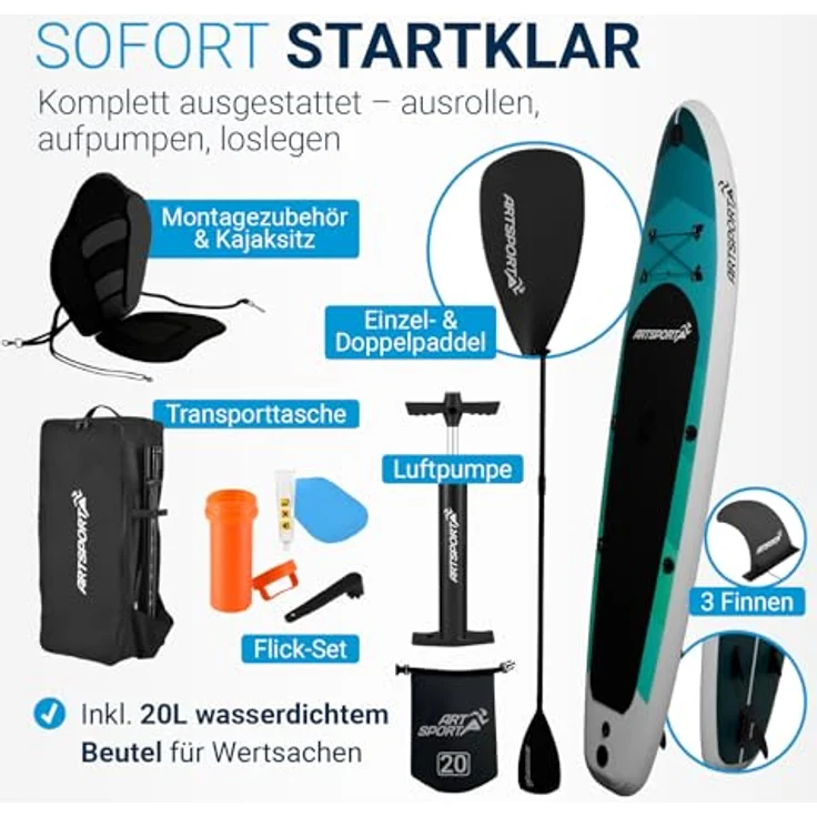 ARTSPORT® Stand Up Paddling Board Set Blue Wave, aufblasbar 320 cm, inkl. Kajaksitz, Action-Cam Halterung & umfangreichem Zubehör, Tragkraft 150 kg – Bild 2