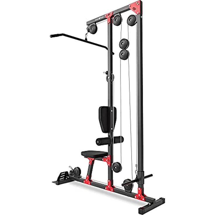 Marbo Sport Latzugstation MH-W106 2.0 | Einstellbare Polsterrollen, Hantelscheibenbeladung, Rückenstützte und Zusatzrad, Rutschfeste Podeste | Made in EU – Bild 4