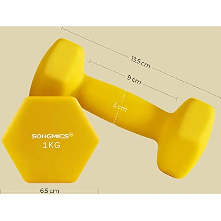 SONGMICS Hanteln 2er Set, Kurzhanteln, 2 x 1 kg, mit matter Beschichtung aus Neopren, rutschfest, Fitness, Gewichtheben für Zuhause, Fitnessstudio, gelb SYL62YL – Bild 5
