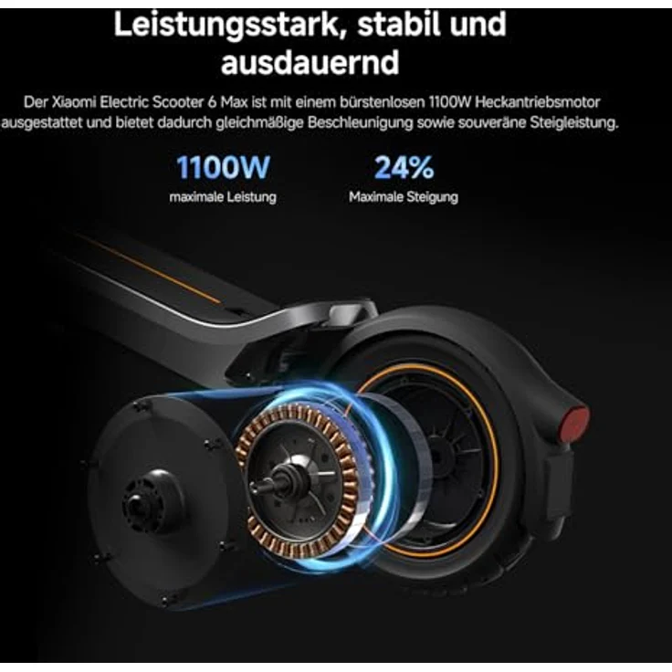XIAOMI Electric Scooter 6 Max E-Scooter, 12 Zoll Tubeless, 70 km Reichweite, 1100W, Doppelscheibenbremse, TFT-Display, Grau – Bild 9